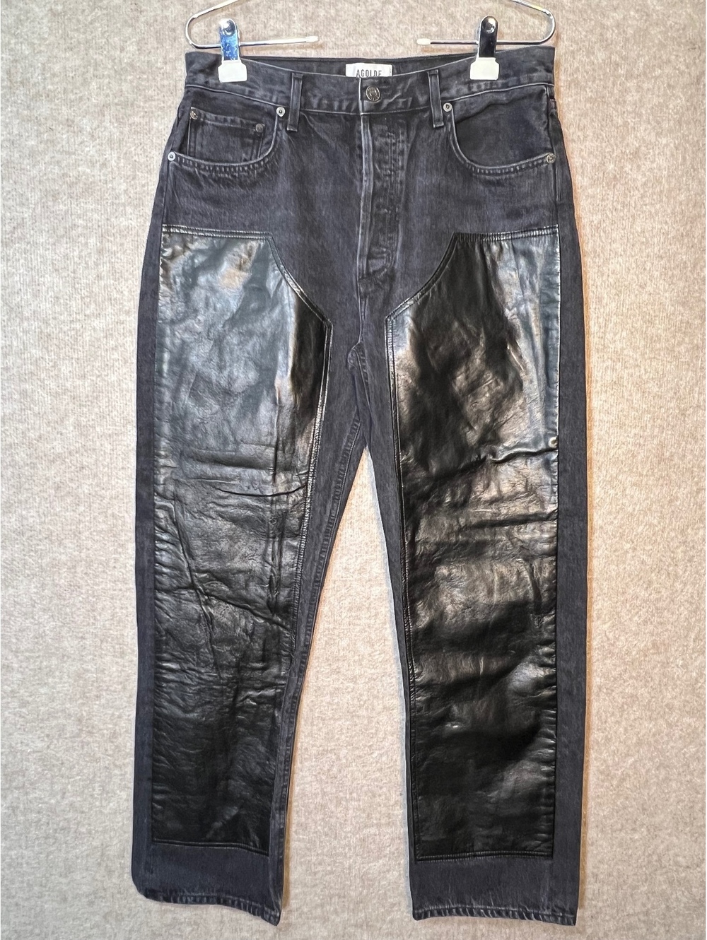 AGOLDE Ryder Jeans 30 Ink Detox Black Recycled Leather Panel High Rise USA